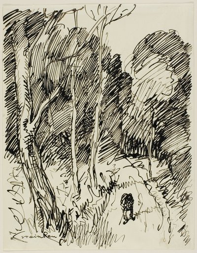Boslandschap met zwerver door Théophile Alexandre Pierre Steinlen