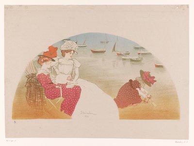 Twee vrouwen en een kind aan zee door Théophile Alexandre Steinlen (signed by artist)