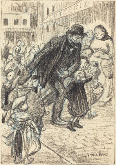 Een man op een stadsstraat, omringd door kinderen door Théophile Alexandre Steinlen