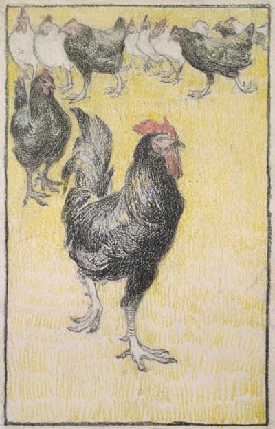 Haan, gevolgd door zwarte en witte kippen door Théophile Alexandre Steinlen
