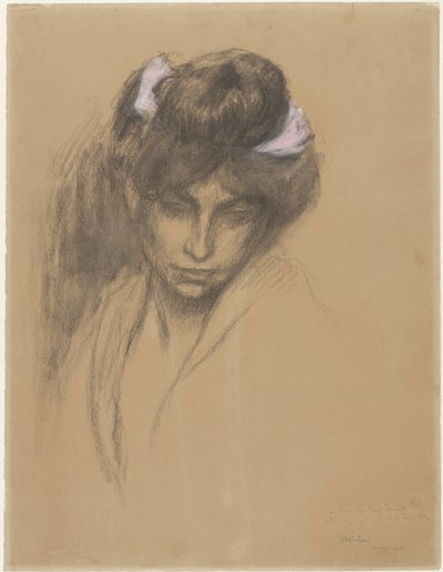 Donker meisjeskopje, naar voren neerziend, met een paars lint in het haar gewonden door Théophile Alexandre Steinlen