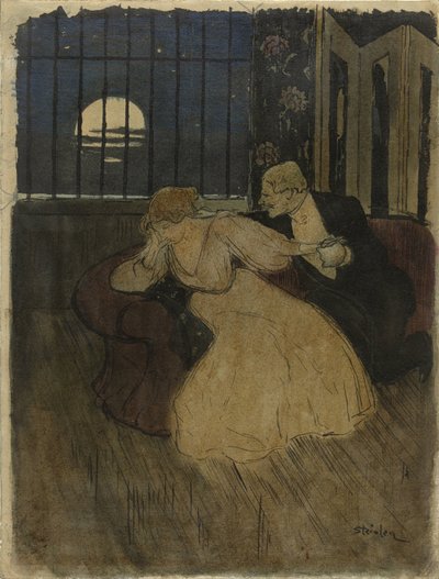 Heer in rok tracht een twijfelende dame op een sofa te overreden door Théophile Alexandre Steinlen