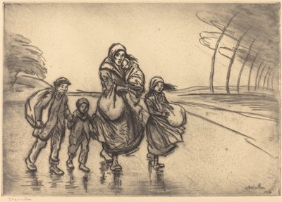 In de regen: Moeder en kinderen, 1915 door Théophile Alexandre Steinlen