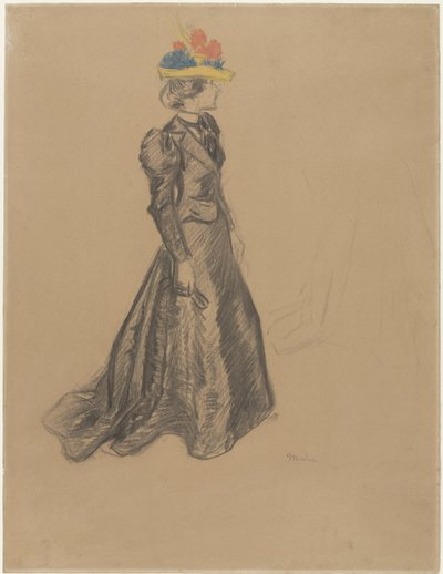 Staande dame in zwart complet met sleep, en een gekleurde strooien hoed met zomerbloemen door Théophile Alexandre Steinlen