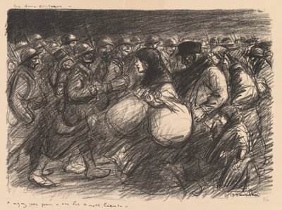 Oorlogsschetsen: De twee processies (Sketches de guerre: Les deux cortèges - "Ayez pas peur - on les a - et bien!") door Théophile Alexandre Steinlen