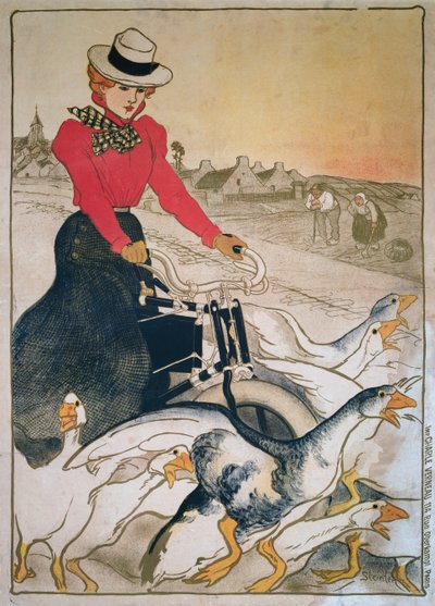 Vrouw op gemotoriseerde velocipede en groep ganzen door Théophile Alexandre Steinlen