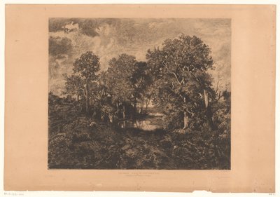 Gezicht op het bos van Fontainebleau met een figuur bij een plas door Théophile Chauvel