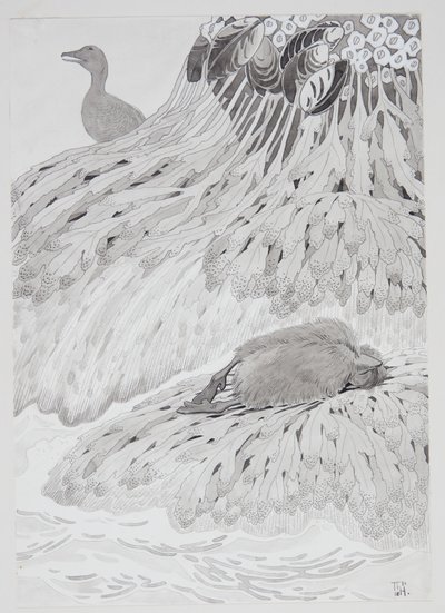 Een eidereend en een dode vogel aan de oever door Thorolf Holmboe