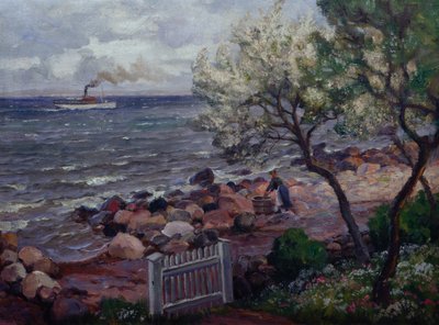 Zomerlandschap met tuinhek en vrouw door Thorolf Holmboe