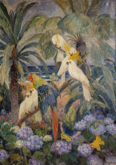 Tropisch landschap met papegaaien door Thorolf Holmboe