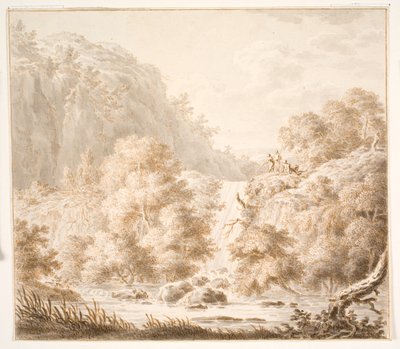 Berglandschap met bomen en waterval, en drie figuren door Thorsten Elias Hjaltelin
