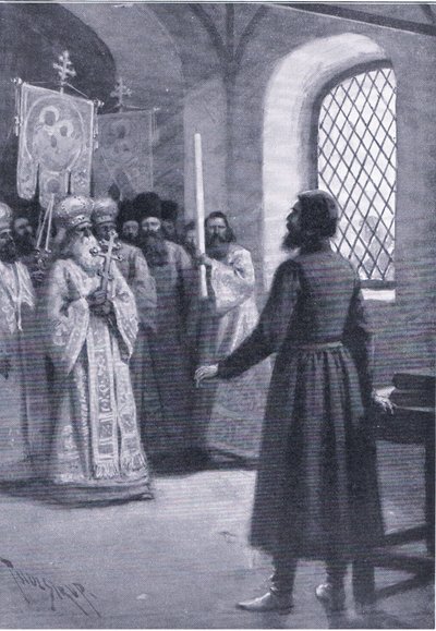 Boris Godunov in retraite in het klooster smeekte om zijn verkiezing tot tsaar te aanvaarden, illustratie uit Landmarks in European History gepubliceerd door Gresham Publishing Co, ca. 1920 (litho) door Thure de Thulstrup
