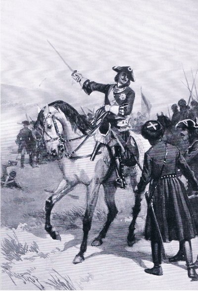 Peter de Grote in de slag bij Pultowa, illustratie uit Landmarks in European History gepubliceerd door Gresham Publishing Co, ca. 1920 (litho) door Thure de Thulstrup