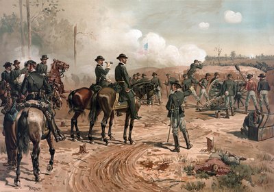 Amerikaanse Burgeroorlog: Generaal Sherman tijdens het beleg van Atlanta in 1864 (litho) door Thure de Thulstrup