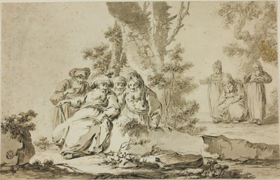 Figuren in oosterse kleding in een landschap door Tiberius Dominikus Wocher