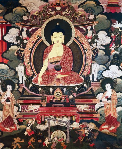 Boeddha zittend tussen zijn twee grote discipelen Cariputra en Maudgalyayana, scènes uit het leven van Boeddha Sakyamuni, Tibetaanse beschaving door Tibetan School