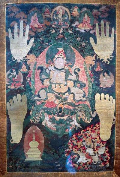 Gnya-Khri btsan-Po, legendarische eerste koning van Tibet, reïncarnatie van bodhisattva Avalokitesvara, een van de tijdelijke en spirituele leiders van Tibet, schilderij op doek, Tibetaanse beschaving door Tibetan School