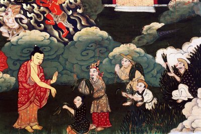Aanbieden van grasbossen, scènes uit het leven van Boeddha Shakyamuni door Tibetan School