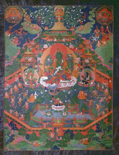 Thangka met Groene Tara door Tibetan School