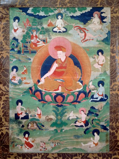 De Lama Rdo Rje Grags Pa, die in de 11e eeuw leefde, omringd door zijn volgelingen, schilderij, Tibetaanse beschaving door Tibetan School