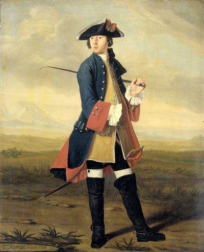 Portret van Ludolf Backhuysen II, Schilder, in het Uniform van de Dragonders door Tibout Regters