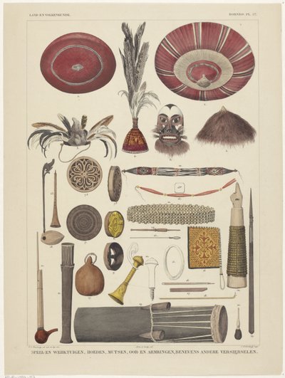 Blad met voorwerpen uit Borneo door Tieleman Cato Bruining