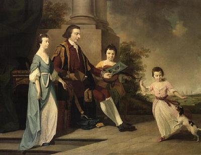 Thomas Noel, 2e Burggraaf Wentworth, zittend met zijn drie zussen, Judith, Elizabeth en Sophia, op terras met Oxford op de achtergrond door Tilly (manner of) Kettle