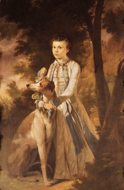 Portret van John Graham, als jongen, in Indiase kleding met een bloemenkrans rond de nek van een windhond aan zijn zijde, in een landschap door Tilly Kettle