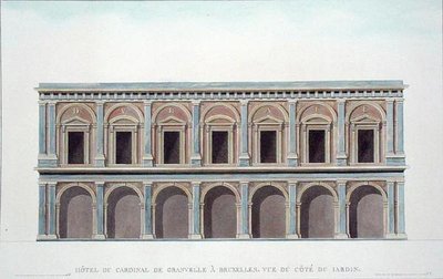 Residentie van kardinaal de Granvelle (1517-86), Brussel, uitzicht vanuit de tuin, uit Choix des Monuments, Edifices et Maisons les plus remarquables du Royaume des Pays-Bas door Pierre Jacques Goetghebuer, gepubliceerd 1827 door Tilman Francois (after) Suys