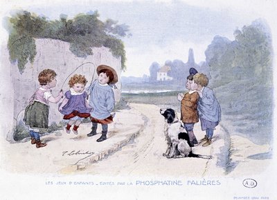 Kinderspelen: Meisjes spelen touwtje springen - tek. door Lobrichon, uitgegeven door Phosphatine Falieres, ca. 1920 door Timoleon Marie Lobrichon