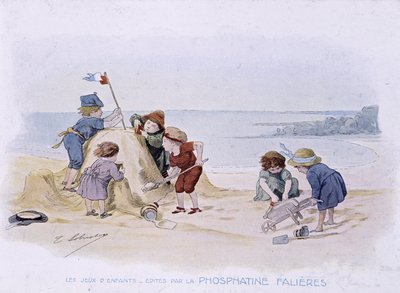 Kinderspelen: kinderen bouwen een zandkasteel - tek. door Lobrichon, ed. door Phosphatine Falières, ca. 1920 door Timoleon Marie Lobrichon