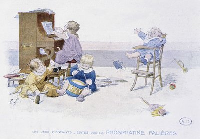 Kinderspelen: kinderen spelen verschillende muziekinstrumenten - tek. door Lobrichon, uitgegeven door Phosphatine Falières, ca. 1920 door Timoleon Marie Lobrichon