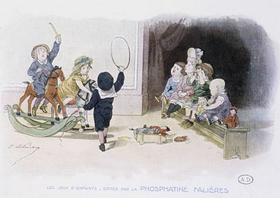 Kinderspelen: kinderen met verschillende speelgoed (hoepel, hobbelpaard, poppen...) - tek. door Lobrichon, ed. door Phosphatine Falieres, ca. 1920 door Timoleon Marie Lobrichon