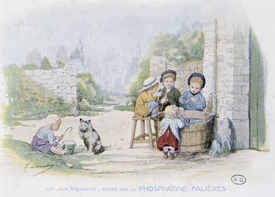 Kinderspelen: het spel van vissen in een emmer - tek. door Lobrichon, uitgegeven door Phosphatine Falieres, ca. 1920 door Timoleon Marie Lobrichon