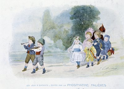 Kinderspelen: trouwstoet, kinderen verkleed als bruiden - getekend door Lobrichon, uitgegeven door Phosphatine Falières, circa 1920 door Timoleon Marie Lobrichon