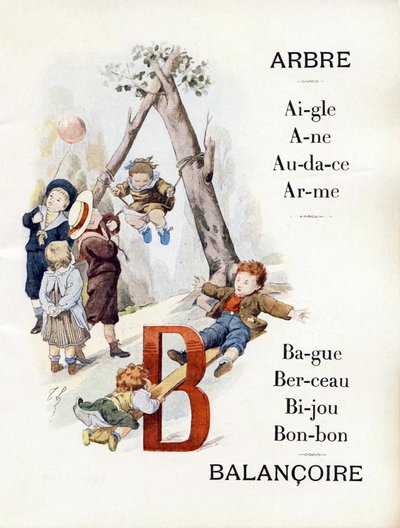Letters A en B die kinderen voorstellen die schommelen, eind 19e eeuw door Timoleon Marie Lobrichon