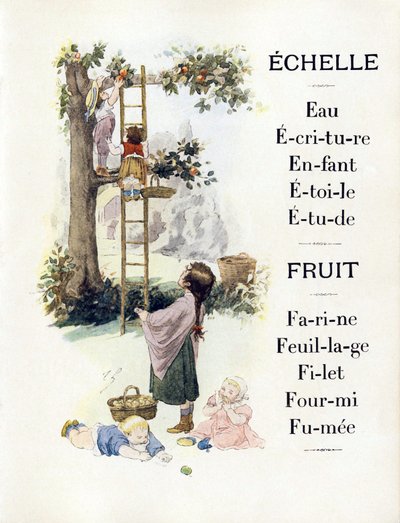 Brieven E en F die kinderen sinaasappels bakken voorstellen, eind 19e eeuw (chromolithografie) door Timoleon Marie Lobrichon