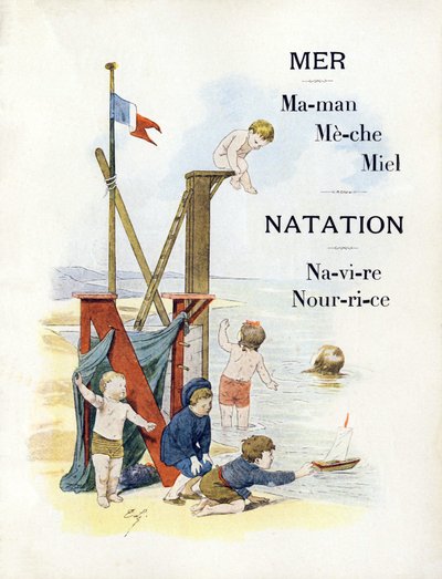 Letters M en N die kinderen op het strand voorstellen, eind 19e eeuw door Timoleon Marie Lobrichon