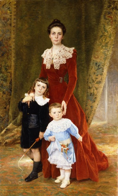 Portret van een dame, staand op volledige lengte, met haar kinderen door Timoleon Marie Lobrichon