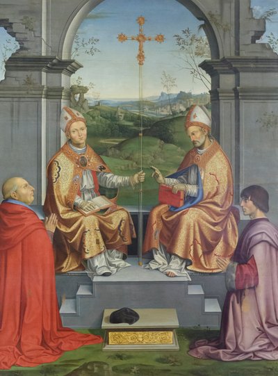 Heiligen Thomas Becket en Martinus van Tours aanbeden door bisschop Giovanni Pietro Arrivabene en zijn neef Giacomo door Timoteo Viti