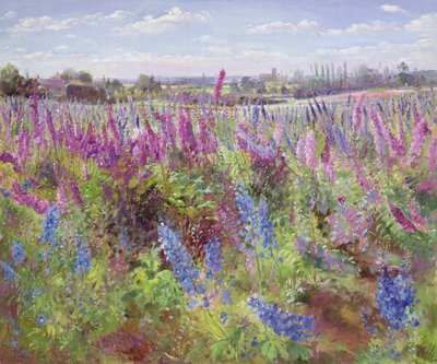 Delphinium Veld en Kerk door Timothy Easton