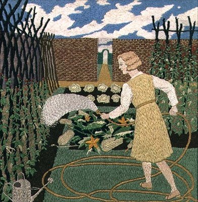 Een Vrouw die de Tuin Bewatert door Tirzah Ravilious