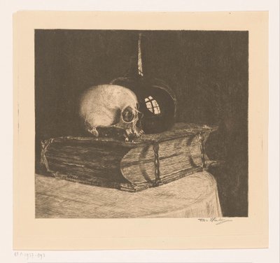 Stilleven met schedel en bijbel door Titia Heukers (signed by artist)