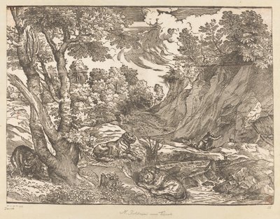 Landschap met de heilige Hieronymus door Titiaan