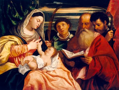 Madonna en Kind met Heiligen Stefanus, Hiëronymus en Mauritius door Titian (c.1488 1576) (after)