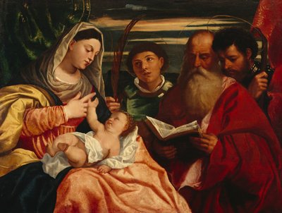 Madonna en Kind met Heiligen Stefanus, Hiëronymus en Mauritius door Titian (c.1488 1576) (after)