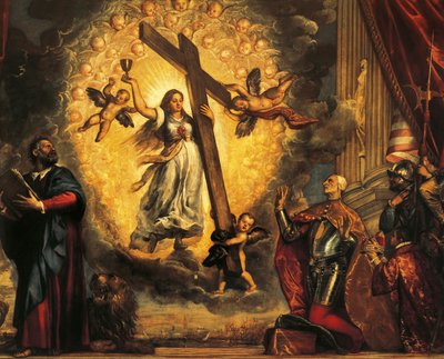 Doge Antonio Grimani knielend voor Geloof en St. Marcus, door Titiaan door Titian (c.1488 1576)