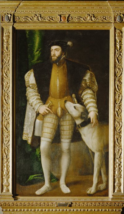 Keizer Karl V en hond ... (schilderij op doek) door Titian (c.1488-1576)