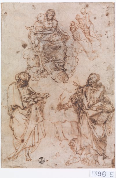 Madonna en Kind zittend op wolken met heiligen of apostelen door Titian (c.1488 1576)