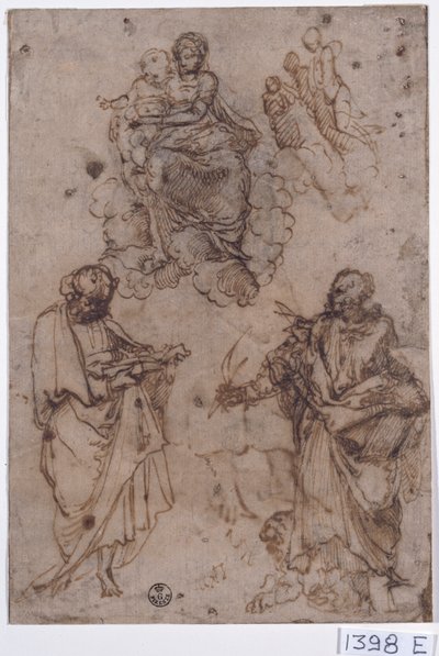 Madonna en Kind zittend op wolken met heiligen of apostelen door Titian (c.1488 1576)